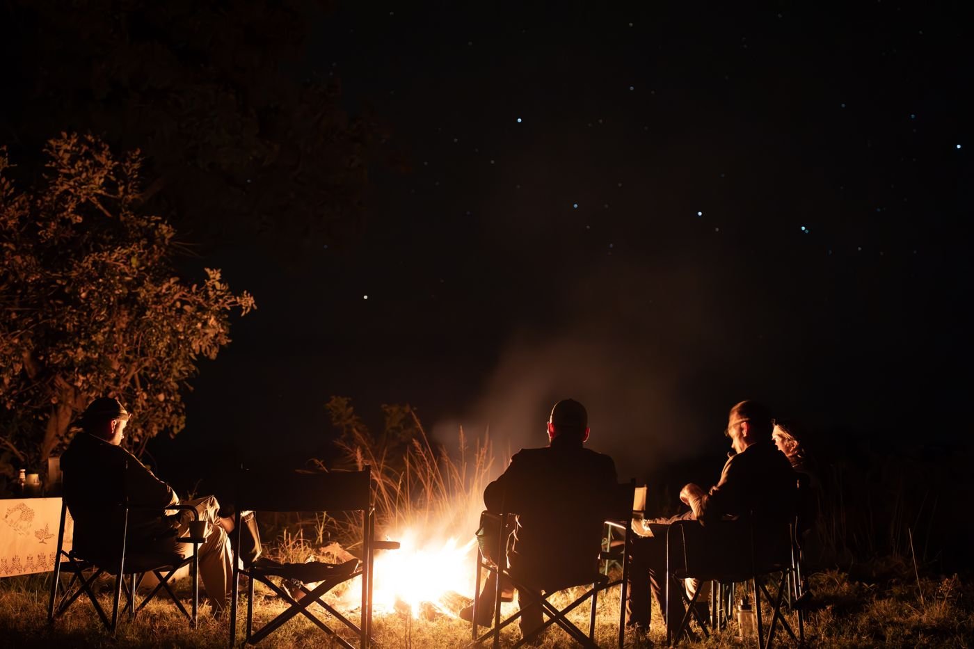 The group sitting around the campfire under a starry sky